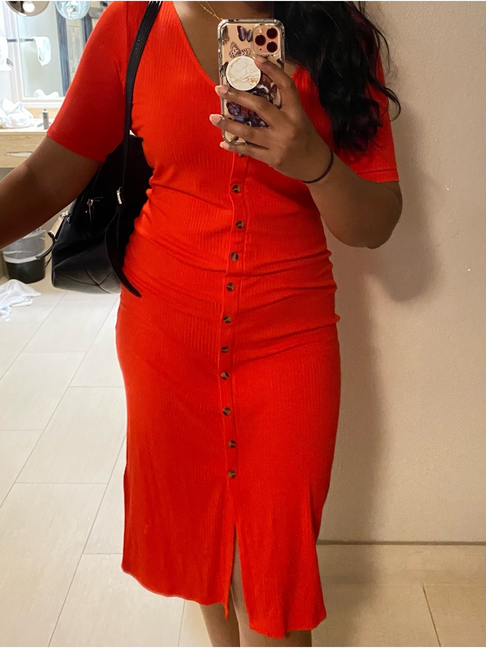H&M Bright Red Ribbed Button-Front Midi Dress